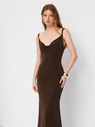 Cowl Neck Backless Chain Detail Cami Mermaid Maxi Dress