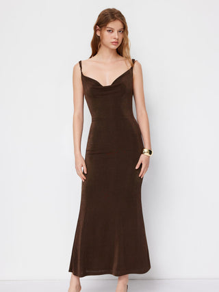 Cowl Neck Backless Chain Detail Cami Mermaid Maxi Dress