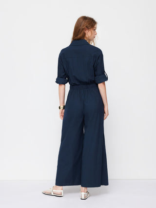 Linen-blend Linen-blend Collar Knotted Roll Hem Oversized Jumpsuit For Work