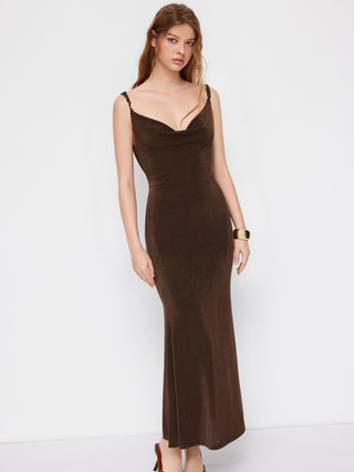Cowl Neck Backless Chain Detail Cami Mermaid Maxi Dress