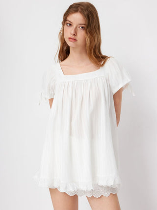 Square Neck Solid Ruffle Knotted Short Sleeve Blouse