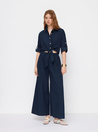 Linen-blend Linen-blend Collar Knotted Roll Hem Oversized Jumpsuit For Work