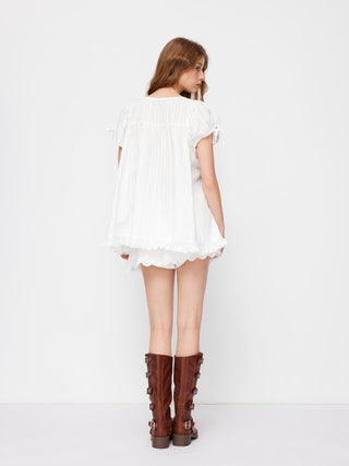 Square Neck Solid Ruffle Knotted Short Sleeve Blouse