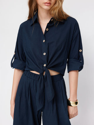 Linen-blend Linen-blend Collar Knotted Roll Hem Oversized Jumpsuit For Work