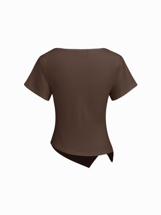 Cotton-blend Boat Neck Ruched Asymmetrical Hem Tee