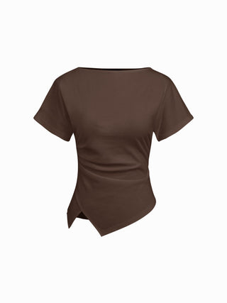 Cotton-blend Boat Neck Ruched Asymmetrical Hem Tee
