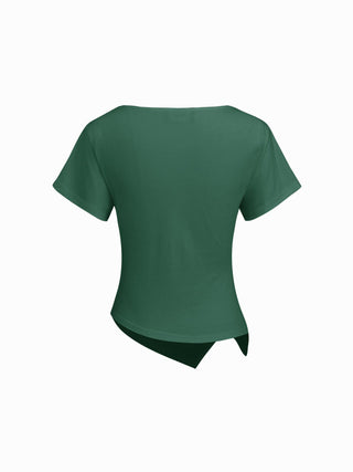 Cotton-blend Boat Neck Ruched Asymmetrical Hem Tee