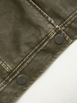Faux Leather Collar Zip Through Oversized Jacket