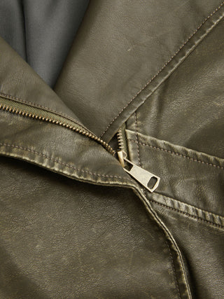 Faux Leather Collar Zip Through Oversized Jacket