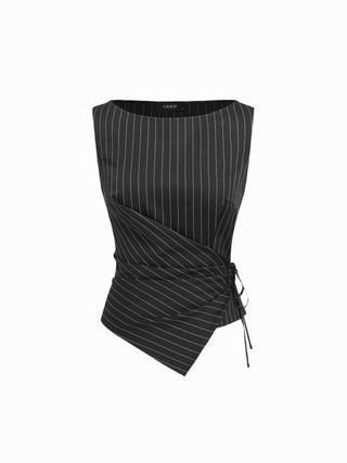 Boat Neck Striped Wrap Knotted Top & Mid Rise Straight Leg Trousers Set