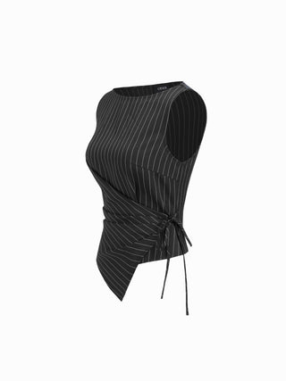 Boat Neck Striped Wrap Knotted Top & Mid Rise Straight Leg Trousers Set