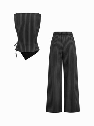 Boat Neck Striped Wrap Knotted Top & Mid Rise Straight Leg Trousers Set