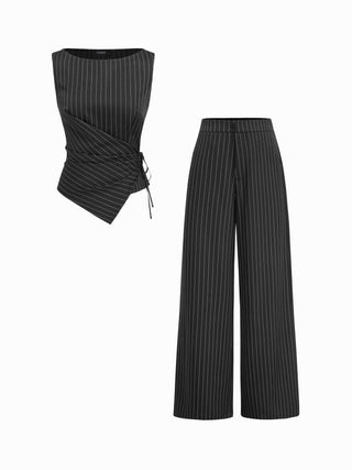 Boat Neck Striped Wrap Knotted Top & Mid Rise Straight Leg Trousers Set