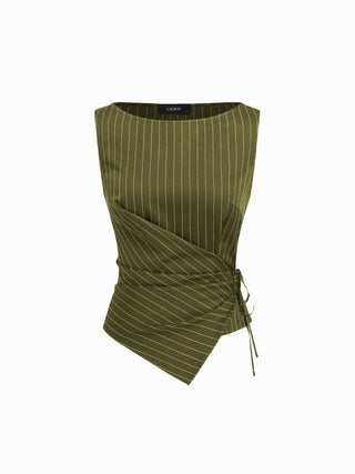Boat Neck Striped Wrap Knotted Top & Mid Rise Straight Leg Trousers Set