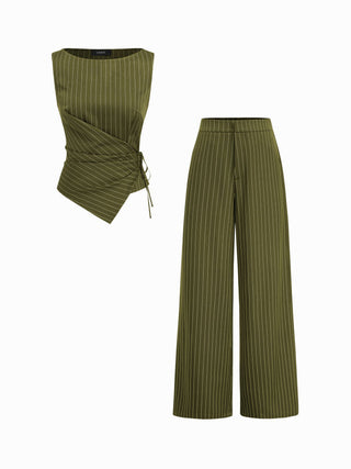 Boat Neck Striped Wrap Knotted Top & Mid Rise Straight Leg Trousers Set