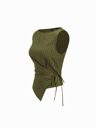 Boat Neck Striped Wrap Knotted Top & Mid Rise Straight Leg Trousers Set