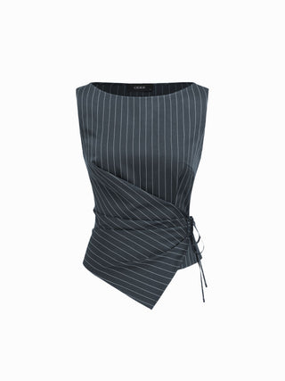 Boat Neck Striped Wrap Knotted Top & Mid Rise Straight Leg Trousers Set