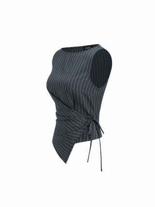 Boat Neck Striped Wrap Knotted Top & Mid Rise Straight Leg Trousers Set