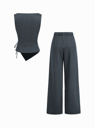 Boat Neck Striped Wrap Knotted Top & Mid Rise Straight Leg Trousers Set