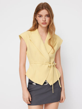 Woven Collar V-neck Knotted Blazer Vest For Daily Casual Work