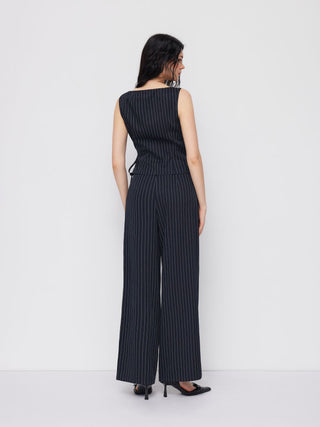 Boat Neck Striped Wrap Knotted Top & Mid Rise Straight Leg Trousers Set