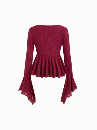 Lace V-neck Pointelle Bell Sleeve Crop Top With Ruched Mini Skirt Set