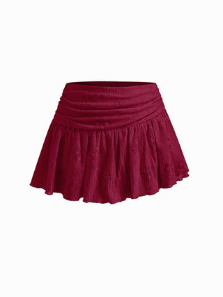 Lace V-neck Pointelle Bell Sleeve Crop Top With Ruched Mini Skirt Set