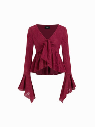 Lace V-neck Pointelle Bell Sleeve Crop Top With Ruched Mini Skirt Set
