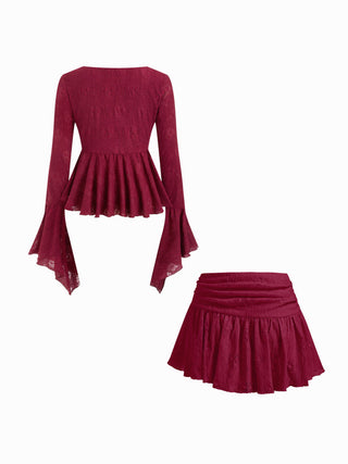 Lace V-neck Pointelle Bell Sleeve Crop Top With Ruched Mini Skirt Set