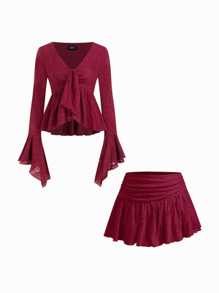 Lace V-neck Pointelle Bell Sleeve Crop Top With Ruched Mini Skirt Set
