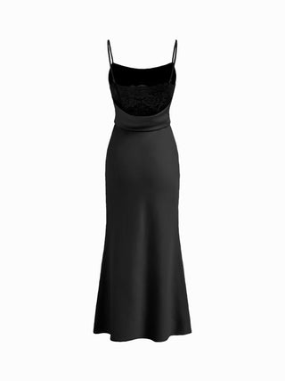 Satin Square Neck Ruched Lace Maxi Dress