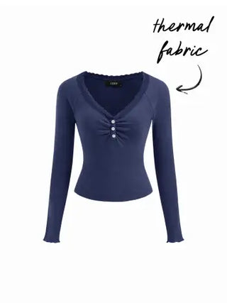 Thermal Cotton-blend V-neck Long Sleeve Lace Trim Ruched Tee