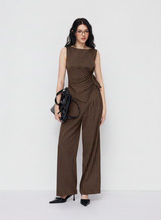 Boat Neck Striped Wrap Knotted Top & Mid Rise Straight Leg Trousers Set
