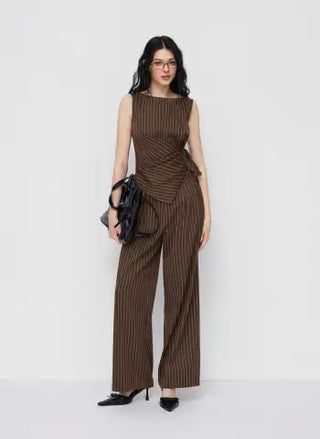 Boat Neck Striped Wrap Knotted Top & Mid Rise Straight Leg Trousers Set