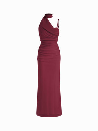 Mesh Halter Neckline Ruched Maxi Dress With Scarf