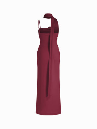 Mesh Halter Neckline Ruched Maxi Dress With Scarf