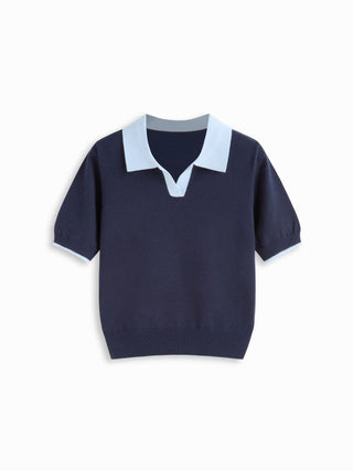 Knit Polo Contrasting Binding Short Sleeve Top