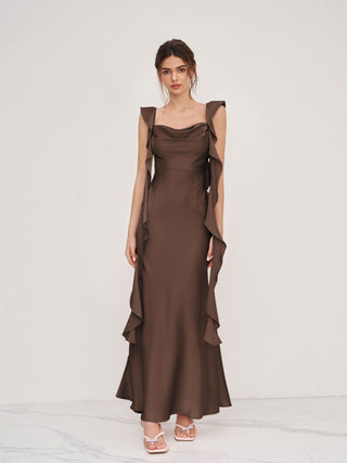 Satin Cowl Neck Solid Ruffle Hem Maxi Dress