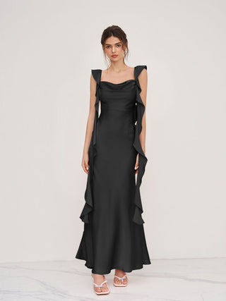 Satin Cowl Neck Solid Ruffle Hem Maxi Dress