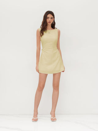 Linen-blend Boat Neck Solid Knotted Backless Mini Dress