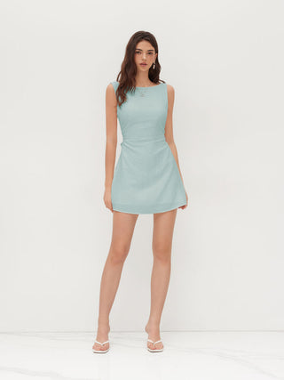 Linen-blend Boat Neck Solid Knotted Backless Mini Dress