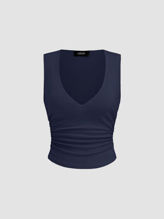 Cotton-blend V-neck Ruched Tank Top