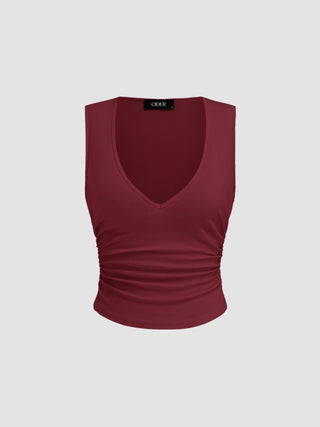 Cotton-blend V-neck Ruched Tank Top