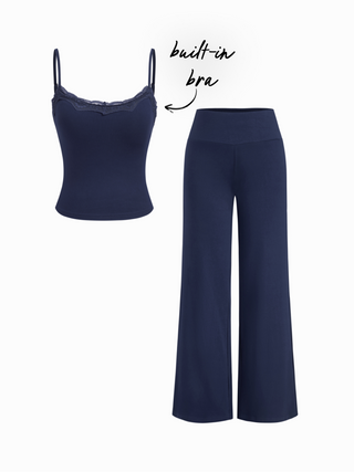 Built-in Bra Square Neck Lace Trim Cami Top & Mid Rise Straight Leg Trousers Loungewear Set