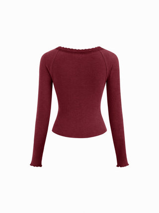 Thermal Cotton-blend V-neck Long Sleeve Lace Trim Ruched Tee
