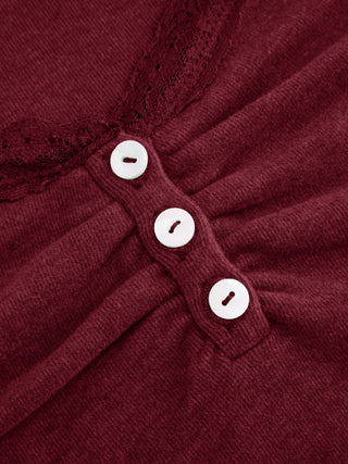 Thermal Cotton-blend V-neck Long Sleeve Lace Trim Ruched Tee