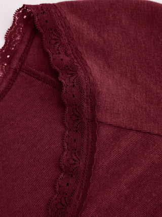 Thermal Cotton-blend V-neck Long Sleeve Lace Trim Ruched Tee