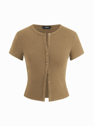Round Neckline Solid Button Short Sleeve Top