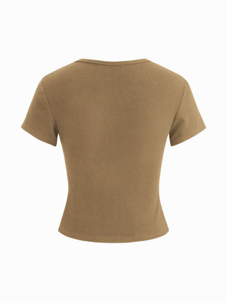 Round Neckline Solid Button Short Sleeve Top