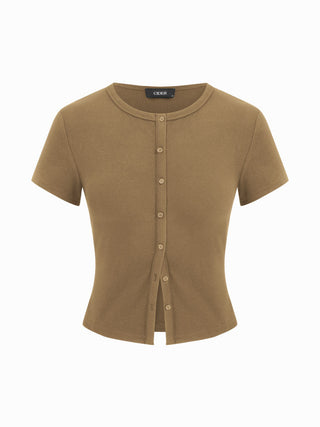 Round Neckline Solid Button Short Sleeve Top